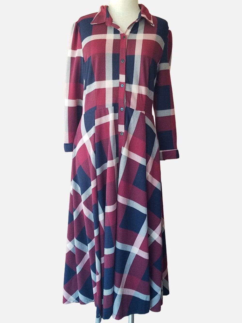 Reborn plaid shirt dress with long sleeve burgundy and navy - 1XL